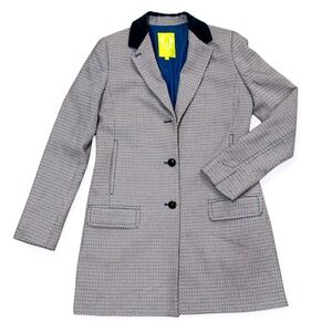 Q Mack Retro Geometric Print Tailored Coat Velvet Collar Blue White Orange M